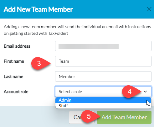 Screen Capture: Add New Team Member in TaxFolder