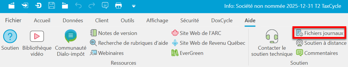 Screen Capture: Log Files button in TaxCycle