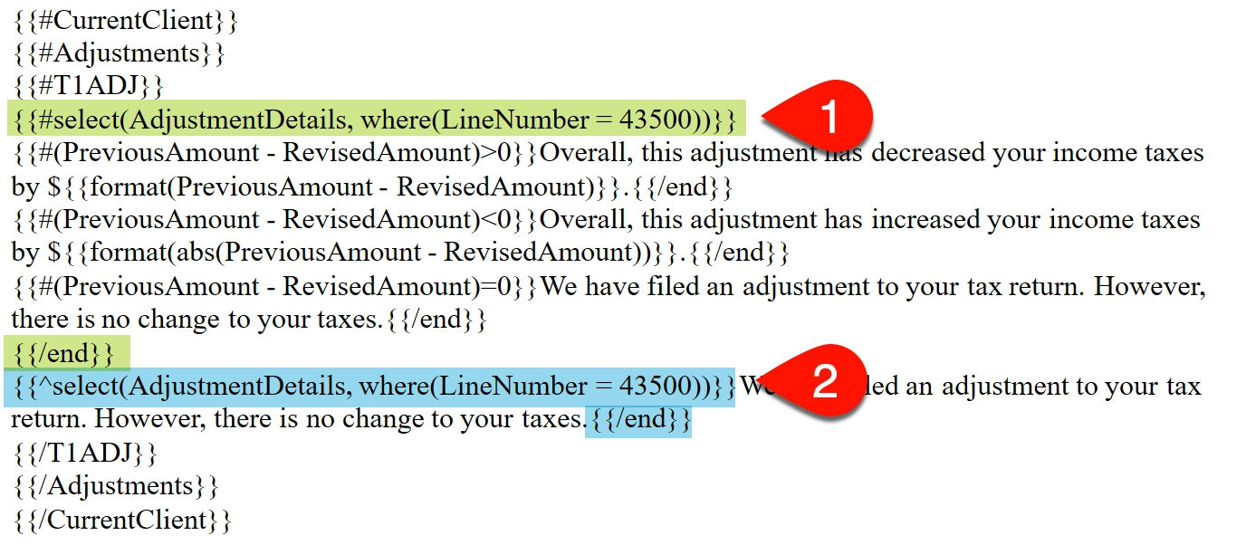 Screen Capture: Template code with the select function