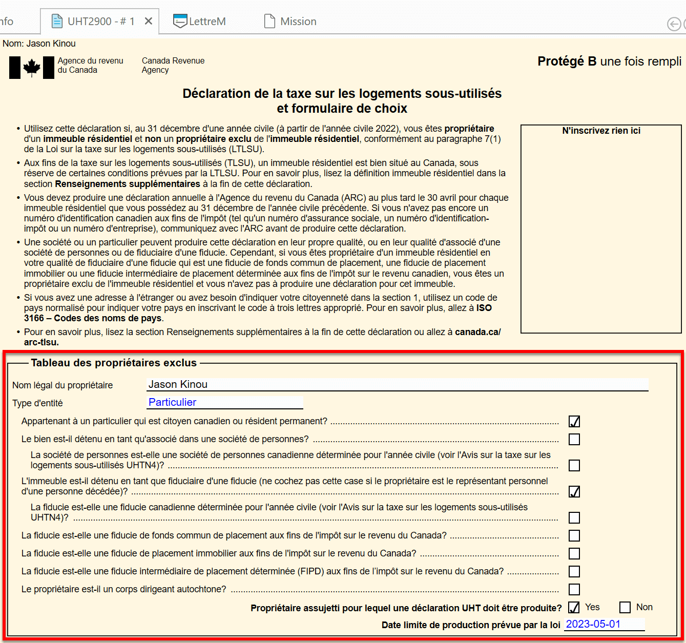 Capture d'écran : UHT2900 Tableau des propriétaires exclus