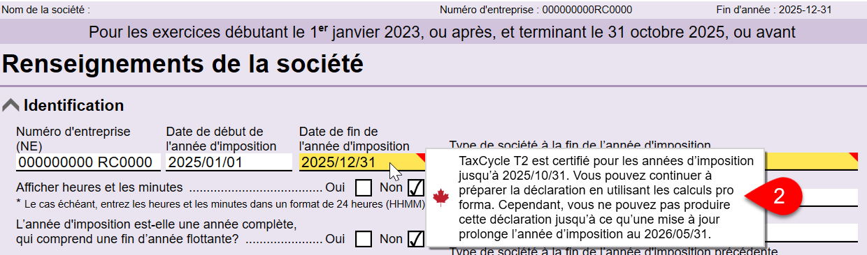 Capture d’écran : Vous ne pouvez pas produire cette déclaration avant la prochaine mise à jour T2.