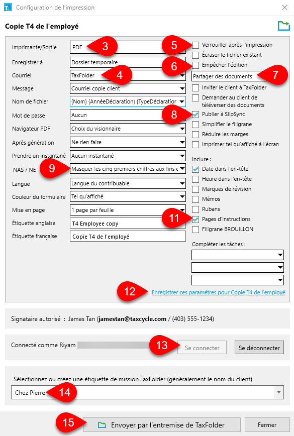 Capture d’écran : Envoyer des feuillets par TaxFolder