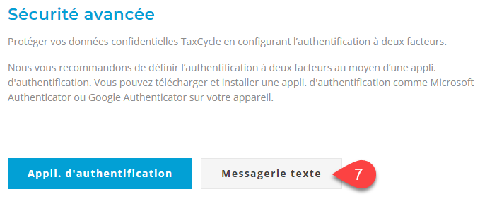 Capture d'écran : Cliquez sur messagerie texte pour configurer l'A2F par SMS