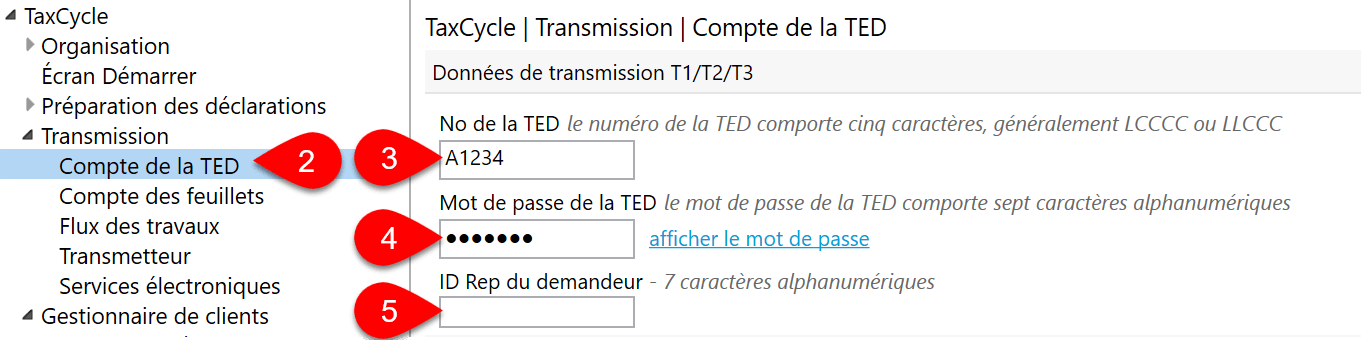 Capture d’écran : Options Comptes de la TED