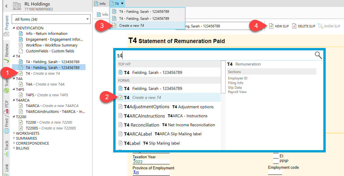 Screen Capture: How to create a new T4 slip in TaxCycle