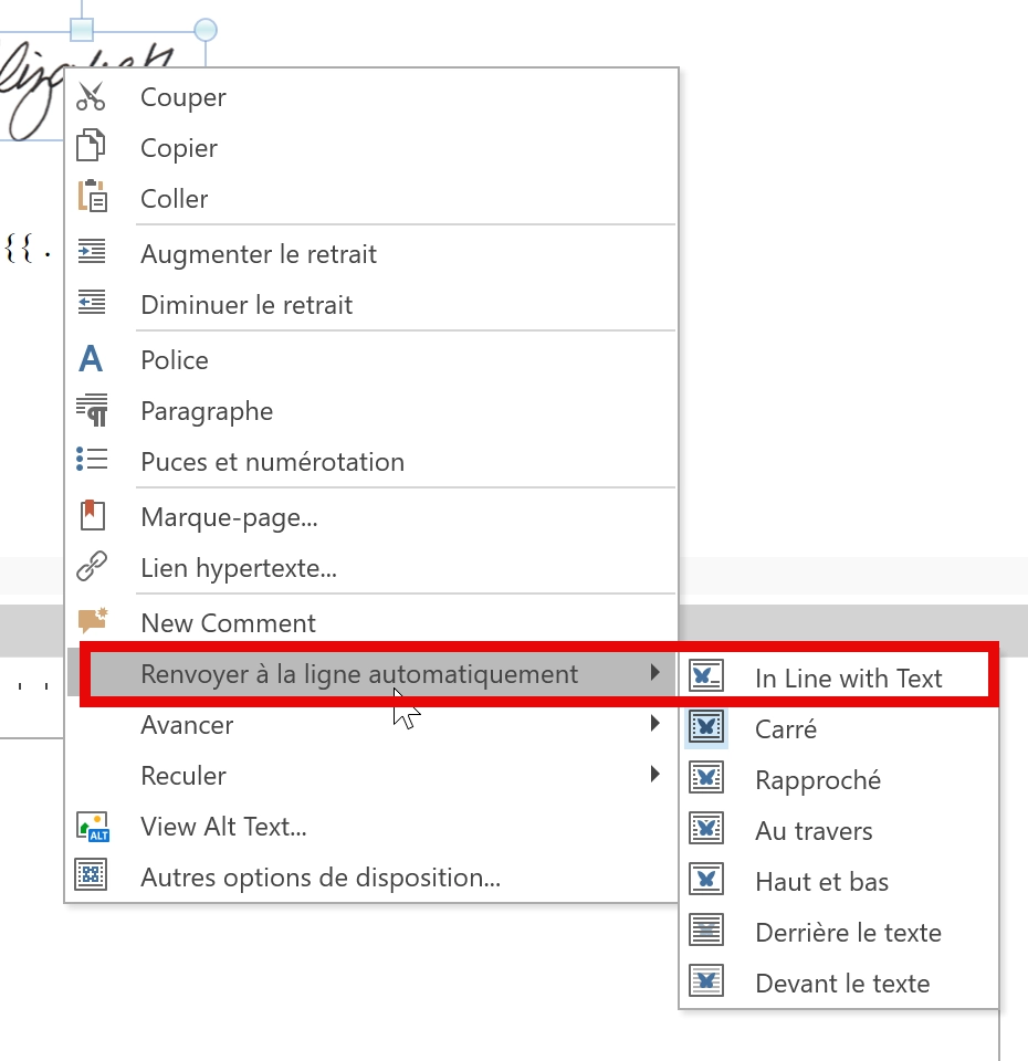 Capture d'écran : Éditeur de modèles, Renvoyer à la ligne, En ligne avec le texte
