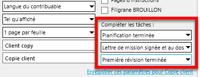 Capture d'écran : Menus déroulants Compléter les tâches dans la boîte de dialogue Impression