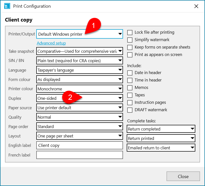 Screen Capture: Print Configuration Dialog