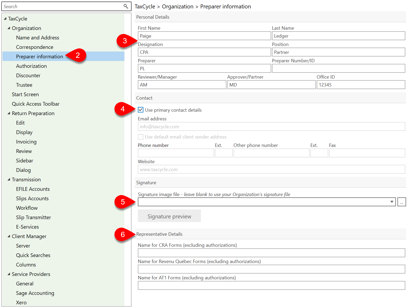 Screen Capture: Preparer information options
