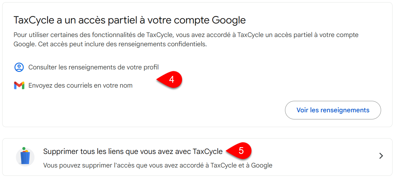 Capture d'écran : Autorisations TaxCycle dans Google