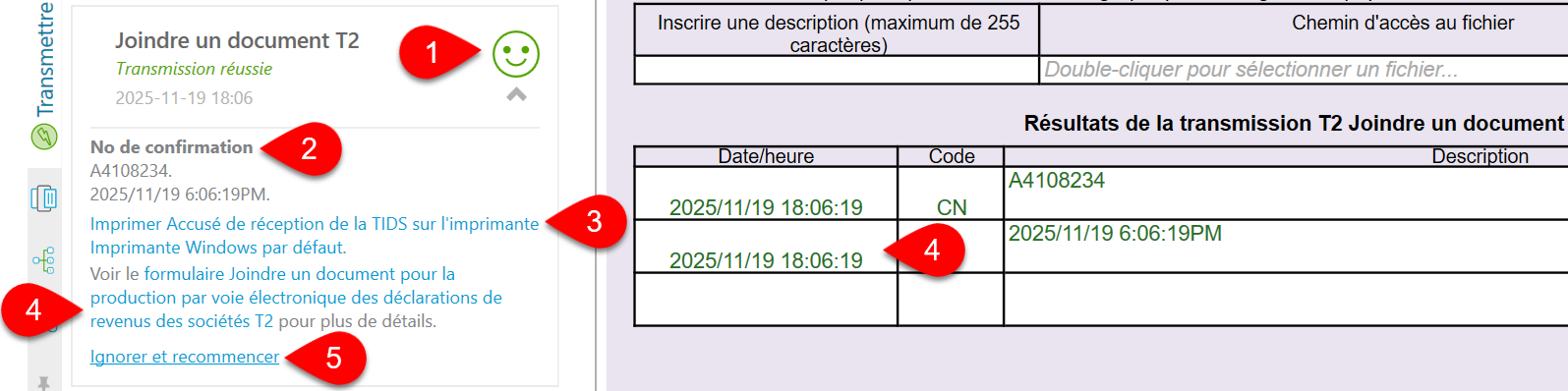 Capture d'écran : Résultats de la transmission