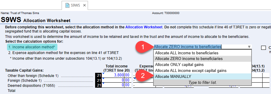 Screen Capture: Select Income Allocation Method