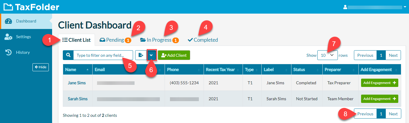 Screen Capture: TaxFolder Client Dashboard
