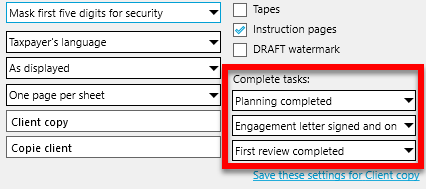 Screen Capture: Complete tasks dropdown menus in the print dialog box