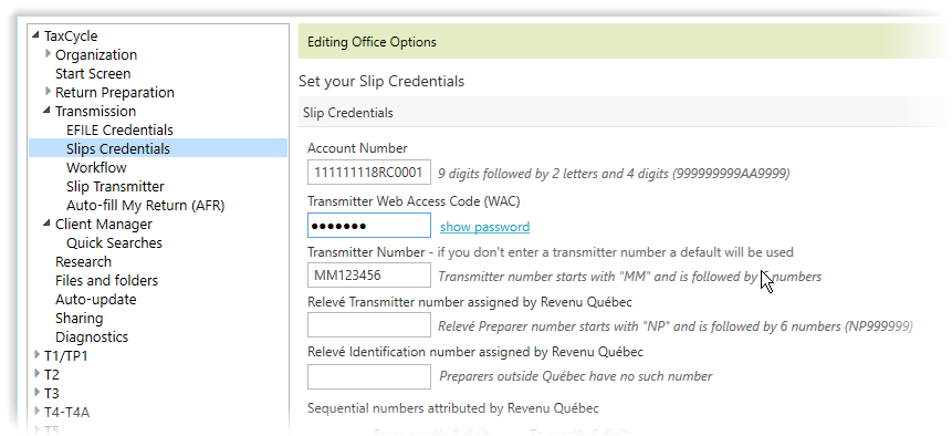 Slips credentials page in options