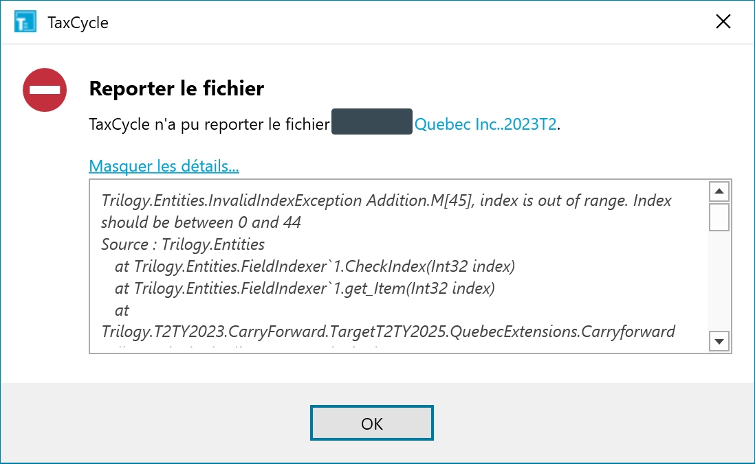 Capture d'écran : fichier reporté, erreur Index is Out of Range