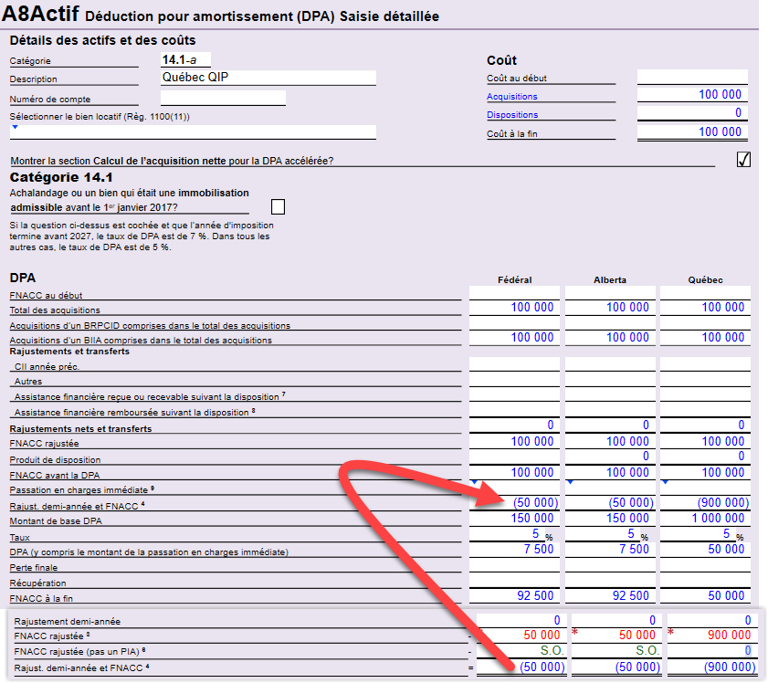 Capture d'écran : A8Actif dans TaxCycle T2