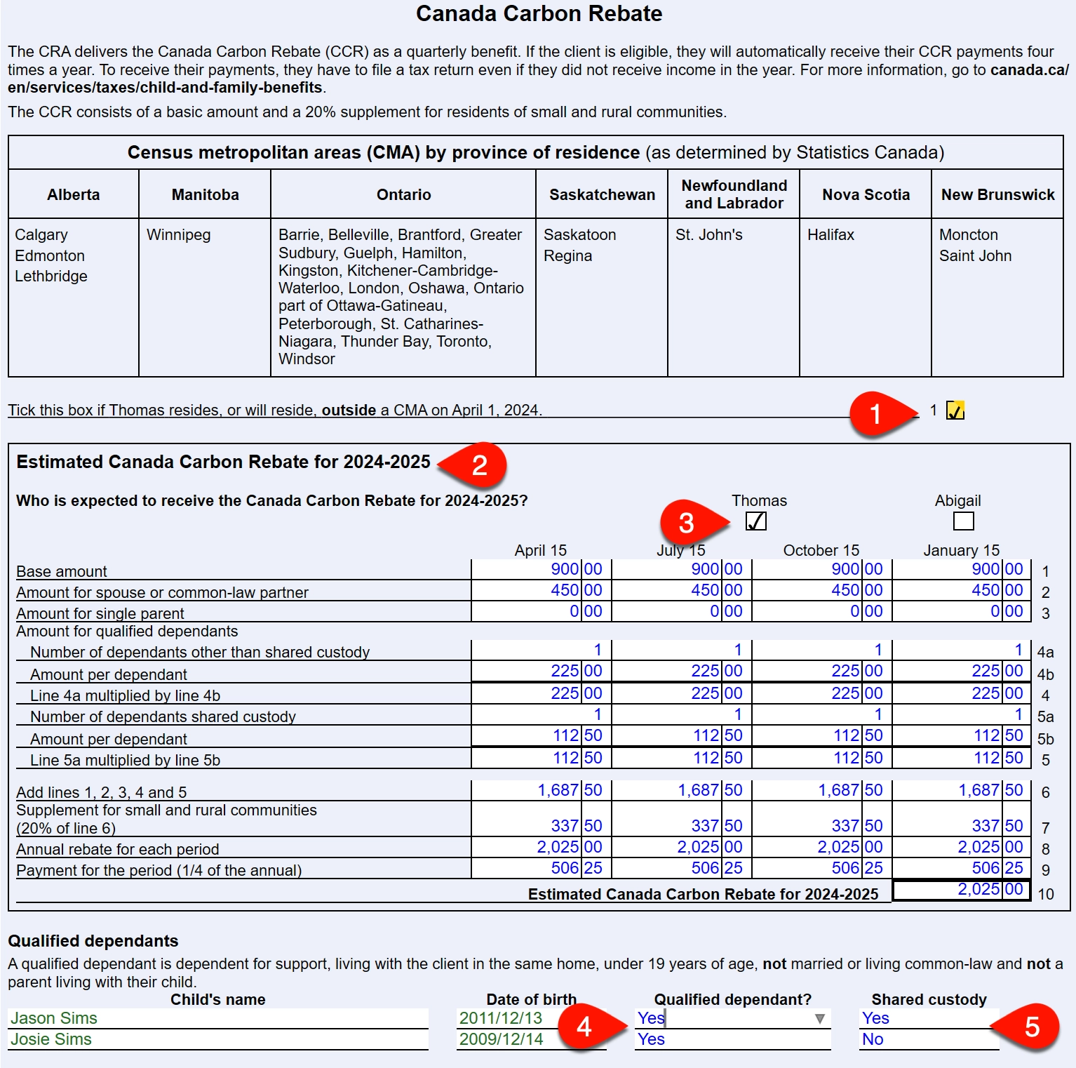 Screen Capture: Climate worksheet with estimated Canada Carbon Rebate