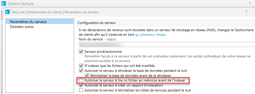 Capture d’écran : Paramètres de configuration du serveur Gestionnaire de clients dans TaxCycle