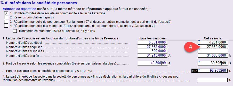 Capture d'écran : % d'intérêt dans la société de personnes