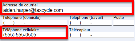 Capture d'écran : Adresse électronique et numéro de téléphone du client sur la grille Info