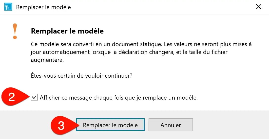 Capture d'écran : Boîte de dialogue Remplacer un modèle
