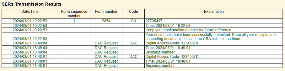 Screen Capture: Transmission Results table on the SERs worksheet