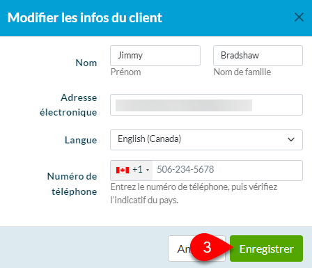 Capture d'écran : Enregistrer les informations du client