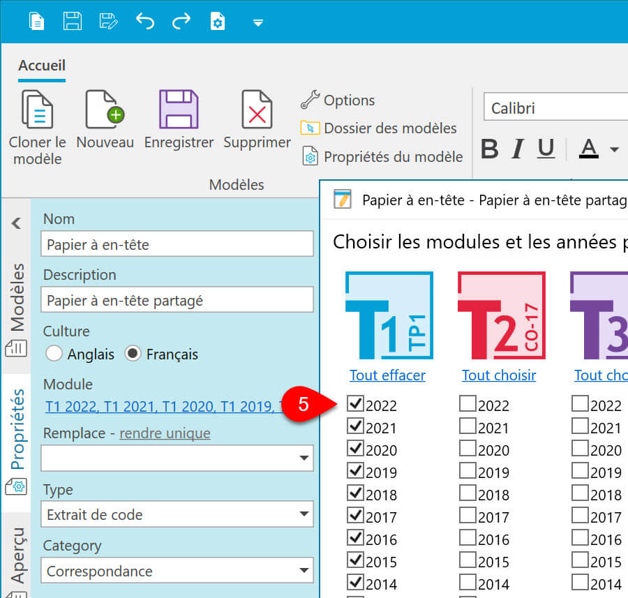 Screen Capture: Selecting the Module Year in Template Properties