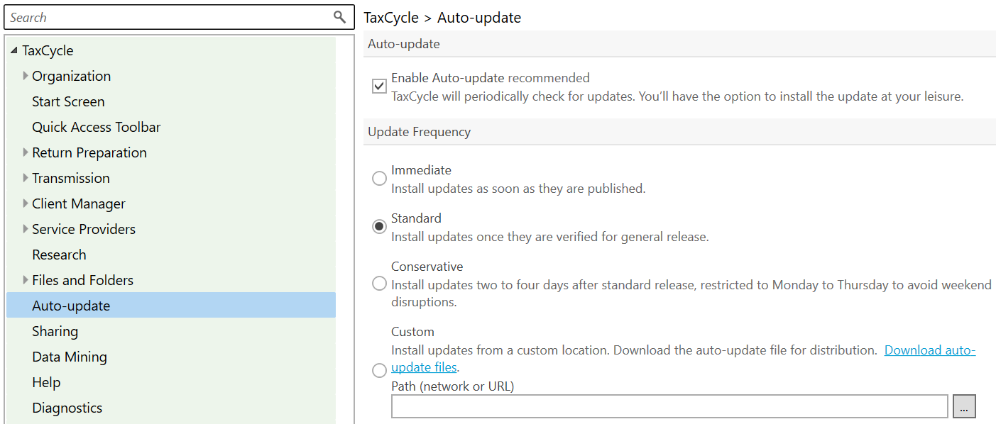 Screen Capture: New Auto-update frequencies in TaxCycle Options