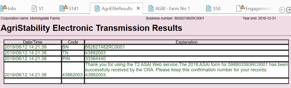 Screen Capture: AgriStability Electronic Transmission Results