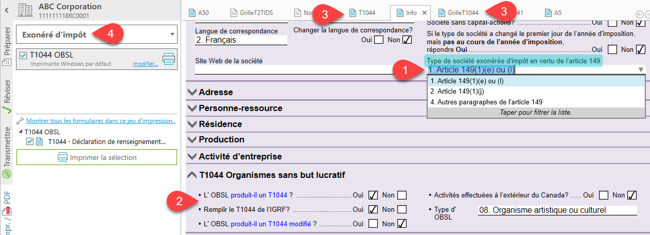 Capture d'écran : Préparer d'une déclaration de renseignements T1044 Organisme sans but lucratif (OSBL) dansTaxCycle T2