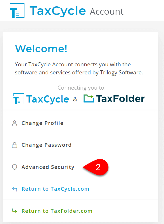 Screen Capture: TaxCycle Account Menu Advanced Security