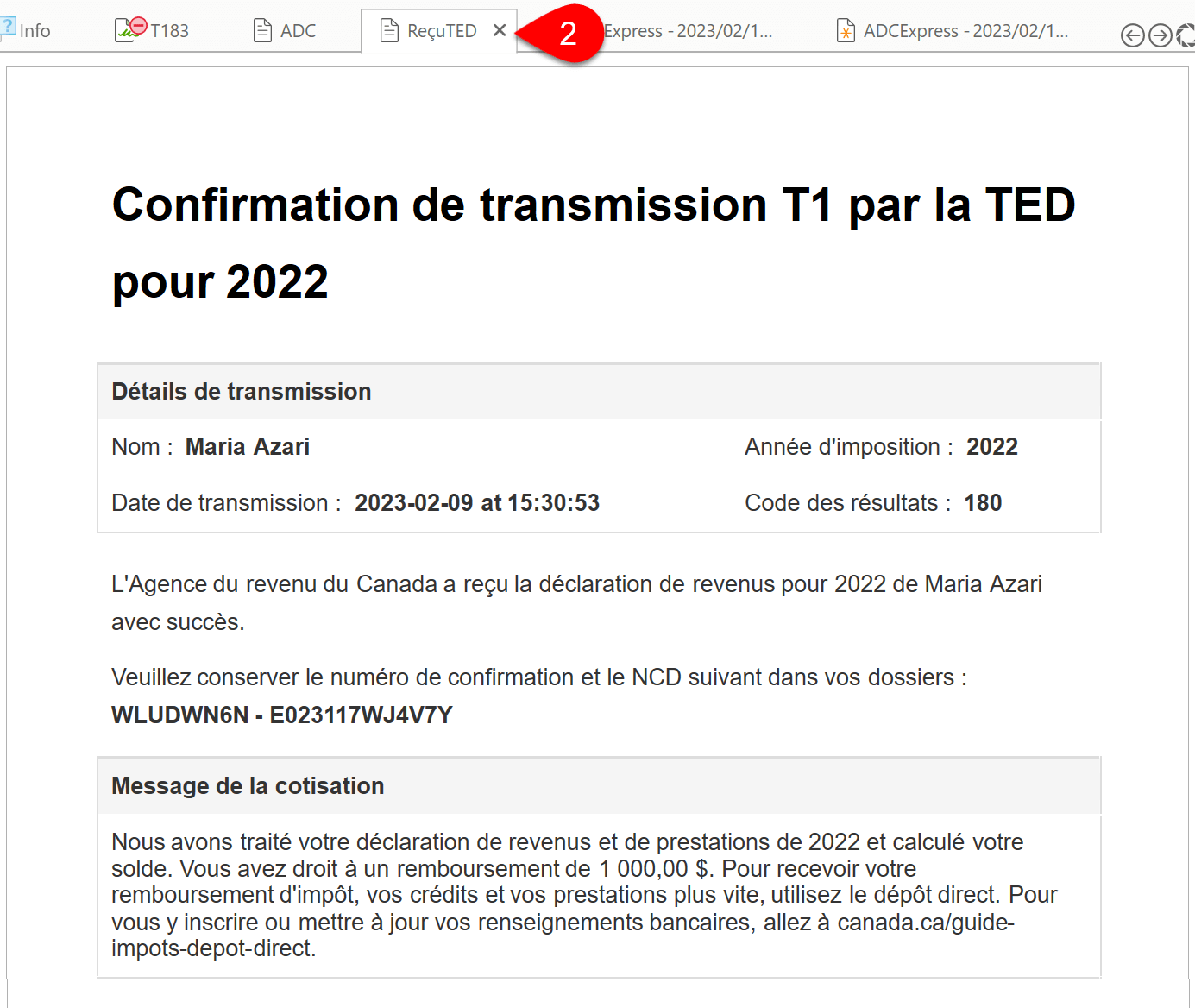 Capture d'écran : Reçu de la TED