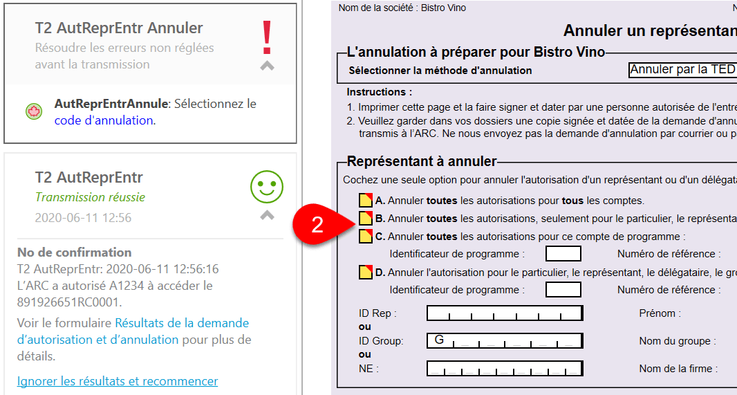 Capture d’écran : autorisations à annuler