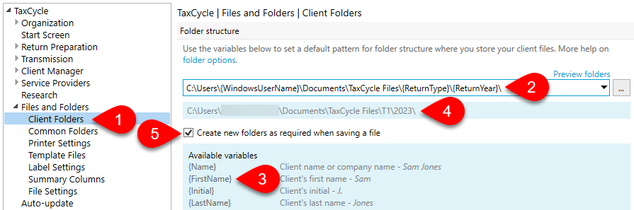 Screen Capture: Client Folder Options