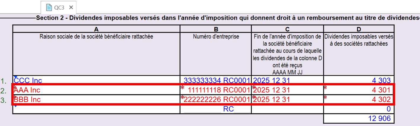 Capture d'écran : Saisissez les lignes manquantes sur QC3