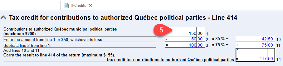 Screen Capture: Enter contributions to QC political parties on the TPCredits worksheet