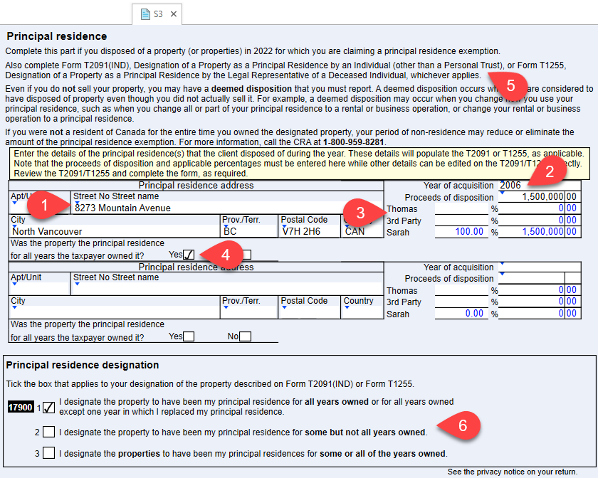 Screen Capture: Principal residence section on the S3