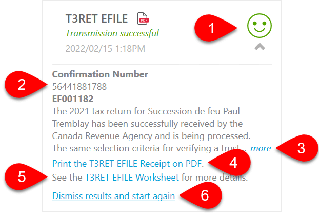 Screen Capture: T3RET EFILE Transmission successful
