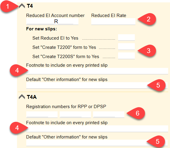 Use the T4 and T4A sections on the Info worksheet to set up specific fields on those slips