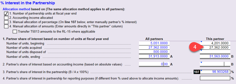 Screen Capture: % Interest in the Partnership