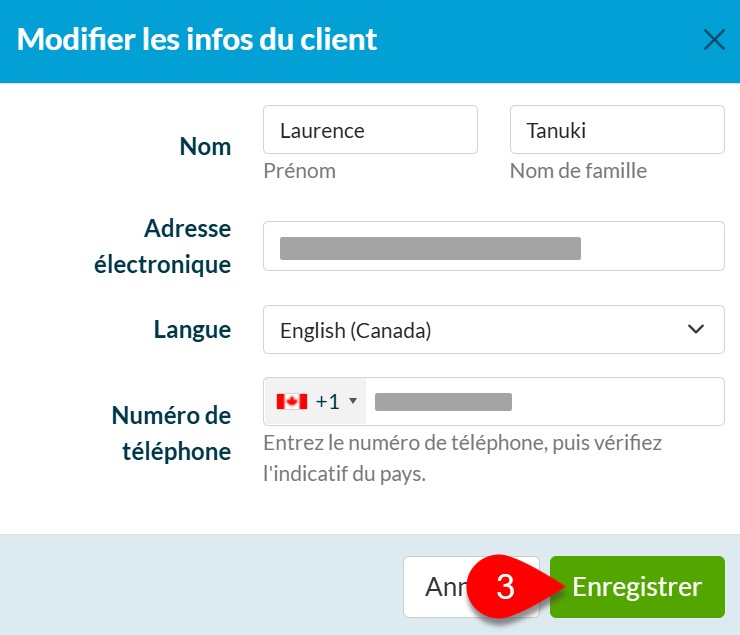 Capture d'écran : Modifier les informations du client