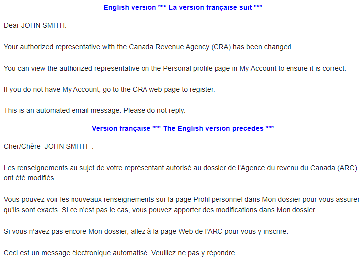 Screen Capture: Automated email from the CRA to taxpayers