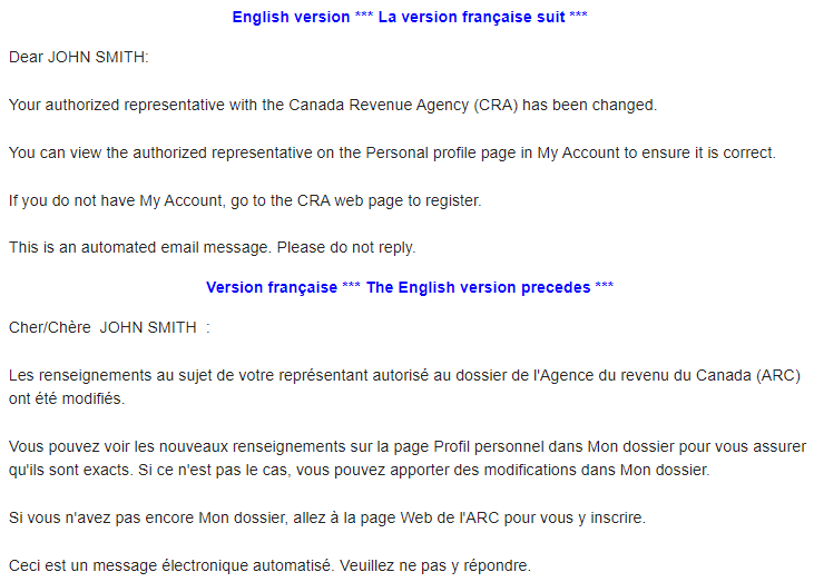 Capture d'écran : courriel automatisé de l'ARC aux contribuables