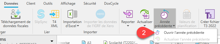 Capture d'écran : Ouvrir la déclaration de l'année précédente