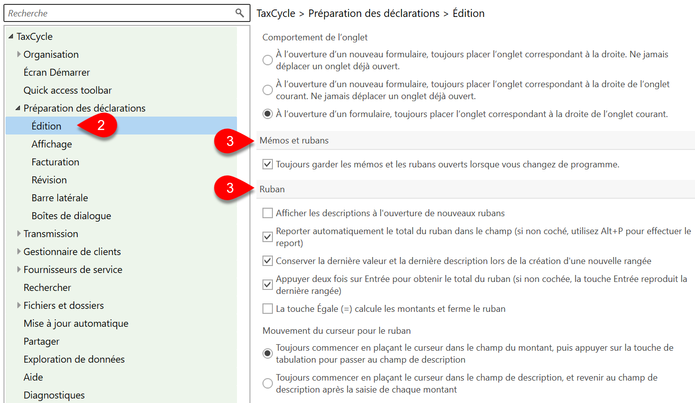 Capture d’écran : Options de la bande