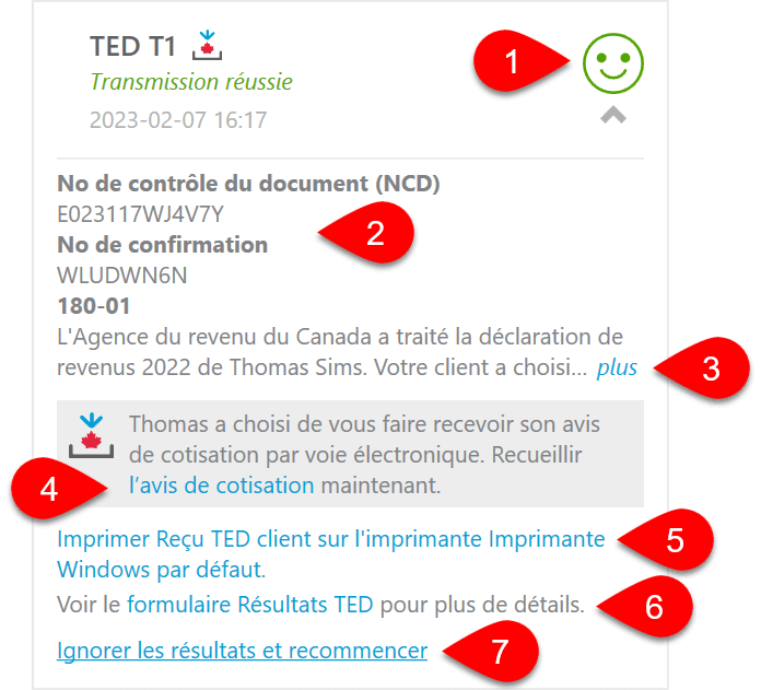 Capture d’écran : Transmission réussie d’une T1 par la TED