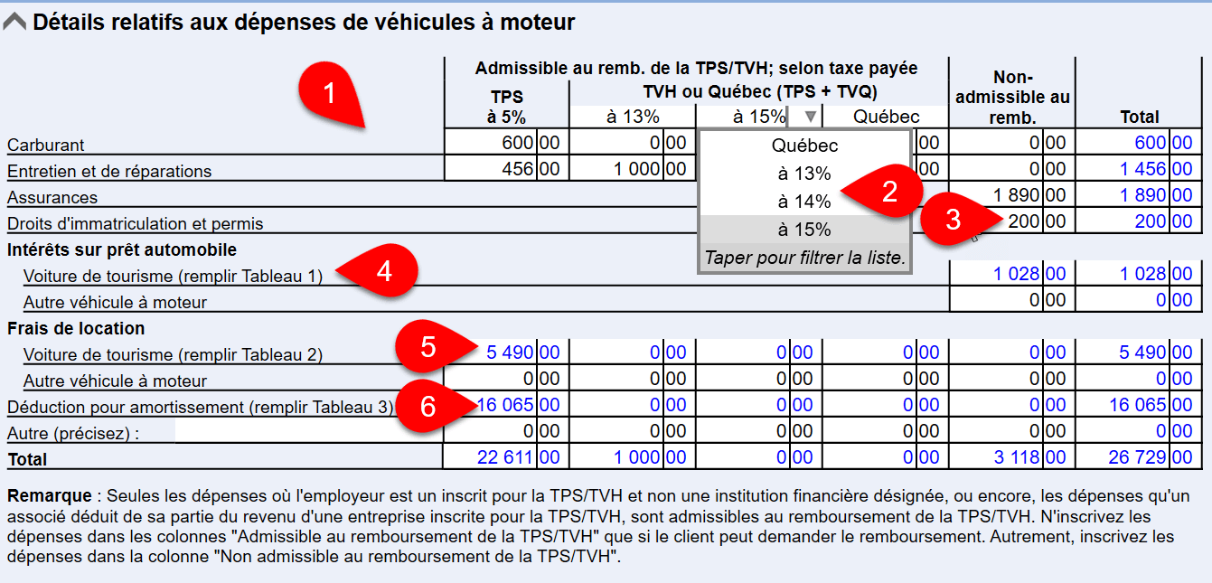 Capture d'écran : détails des dépenses de véhicules à moteur