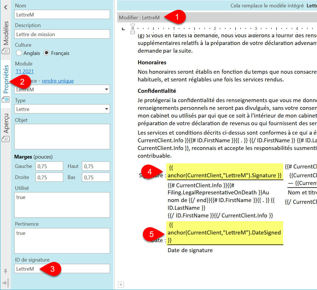 Capture d'écran : ID de signature et ancres